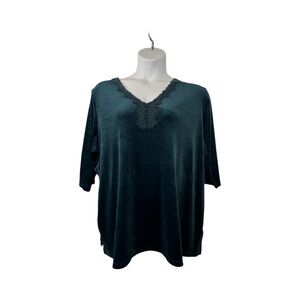 Turquoise Velvet/velour Crochet Embellished 3/4 Sleeve Top Size 22/24